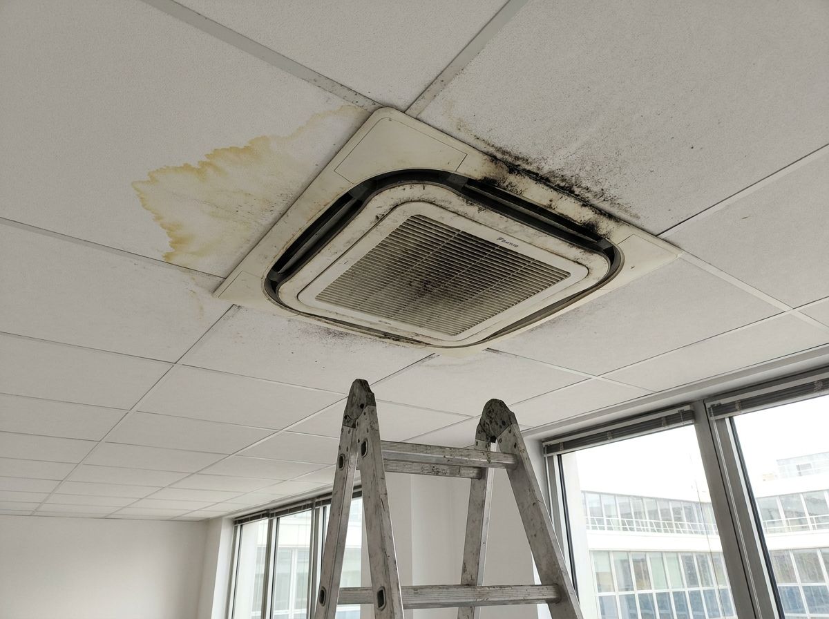 Cassette Daikin encrassée dans un faux plafond, dalle tachée d'humidité
