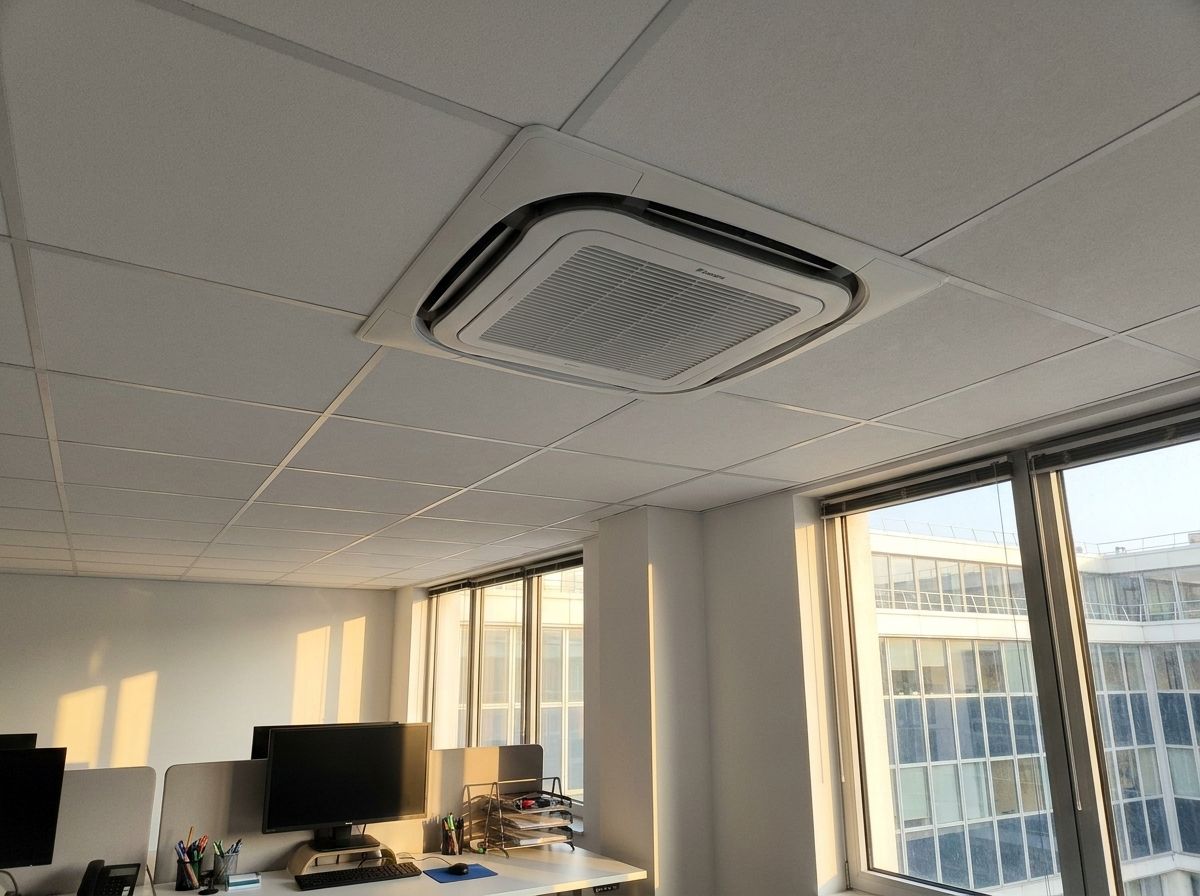 Cassette Daikin propre, dalle neuve, bureaux rangés