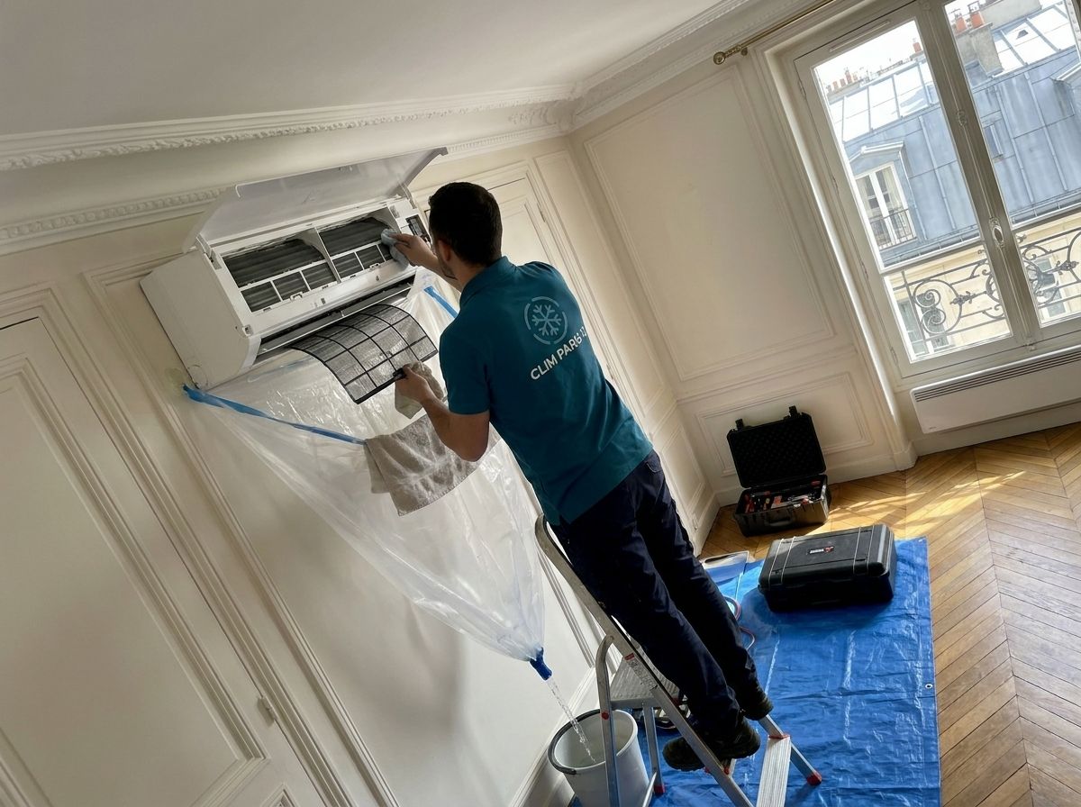 Technicien de dos nettoyant un split mural, housse transparente sous l'appareil