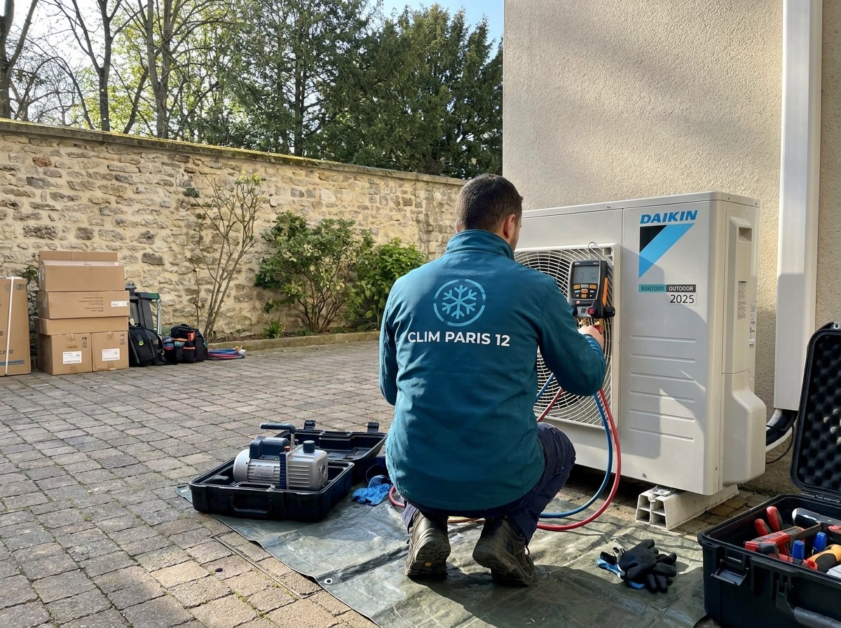 Technicien accroupi, manomètre numérique branché sur une unité Daikin dans une cour pavée