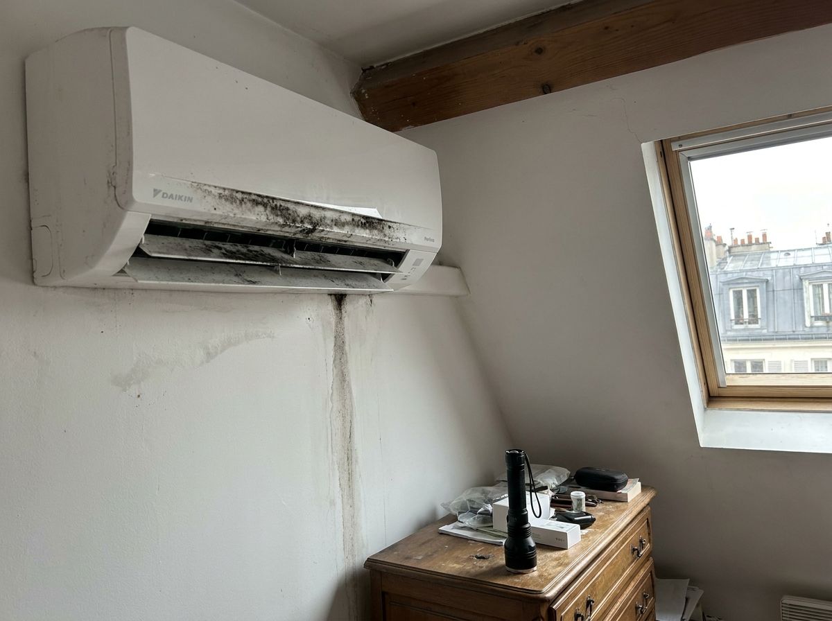 Split Daikin Perfera dans une chambre sous les toits, turbine noircie et traînée d'humidité sur le mur