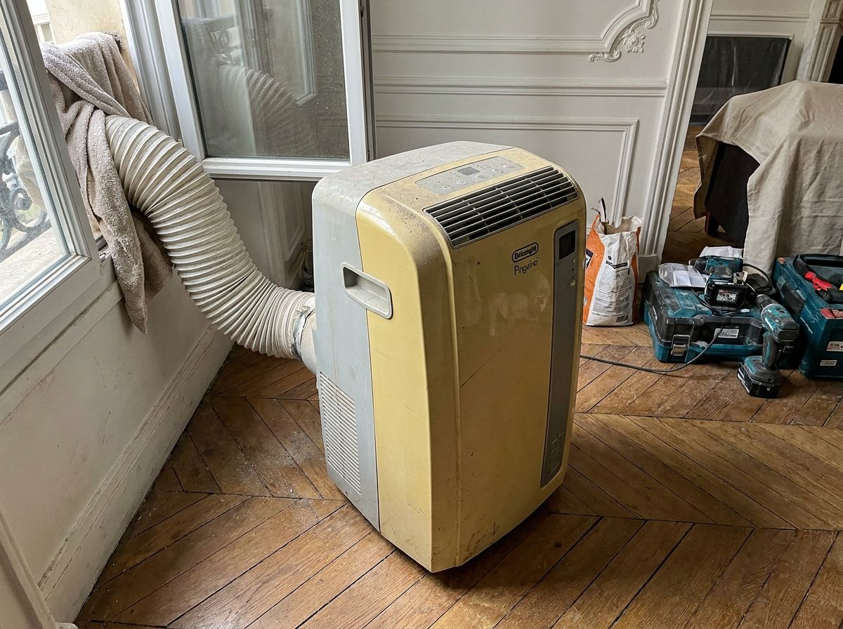 Vieux climatiseur mobile jauni avec gaine passée par la fenêtre