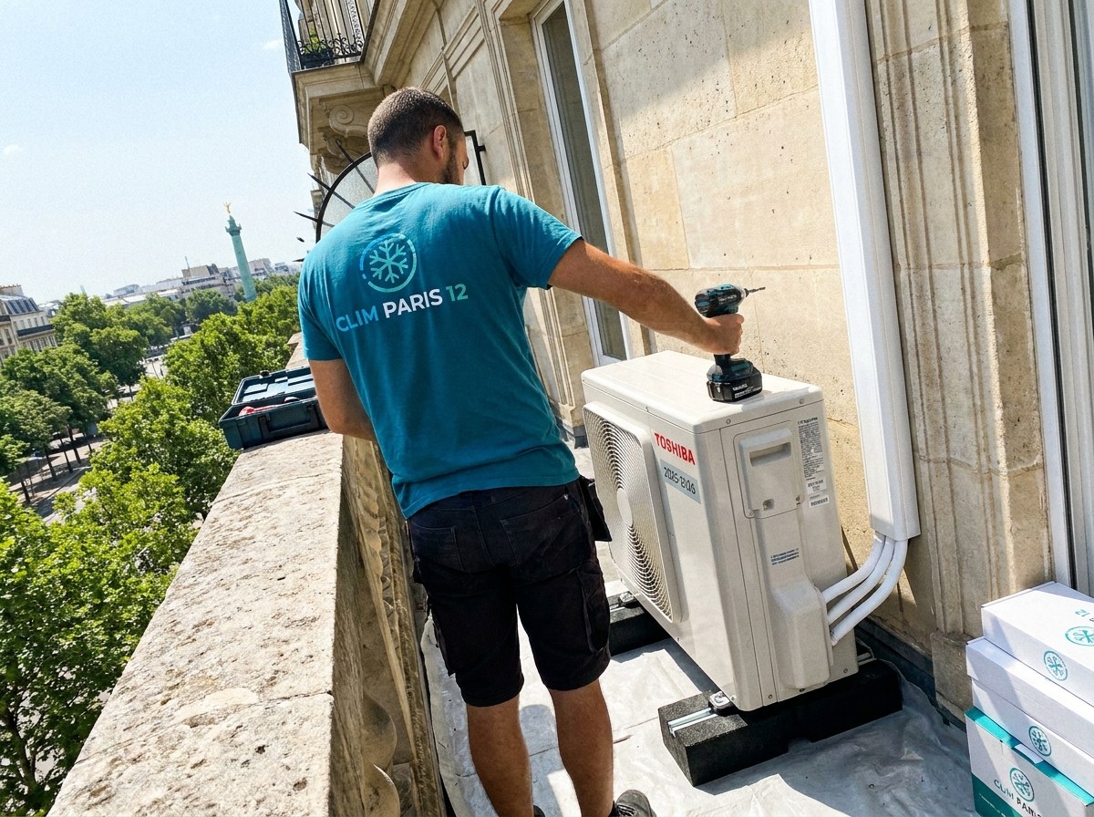 Technicien sur un balcon filant vissant le capot d'une unité Toshiba