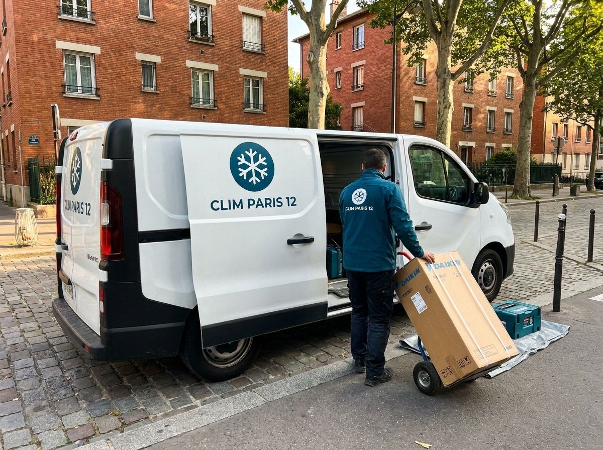 Camionnette blanche Clim Paris 12 garée devant les immeubles de brique de la porte de Vincennes, carton Daikin sur un diable
