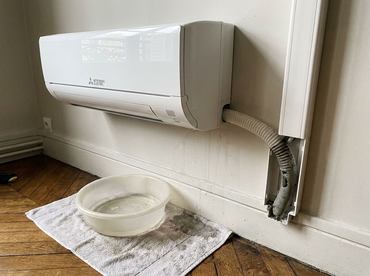Split Mitsubishi Electric qui goutte, goulotte ouverte et bassine sur une serviette
