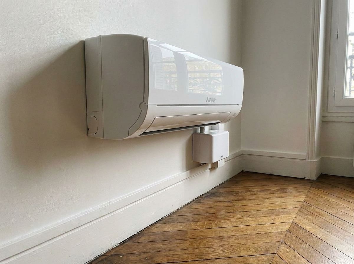 Le split Mitsubishi Electric sec, petite pompe de relevage blanche et goulotte refermée